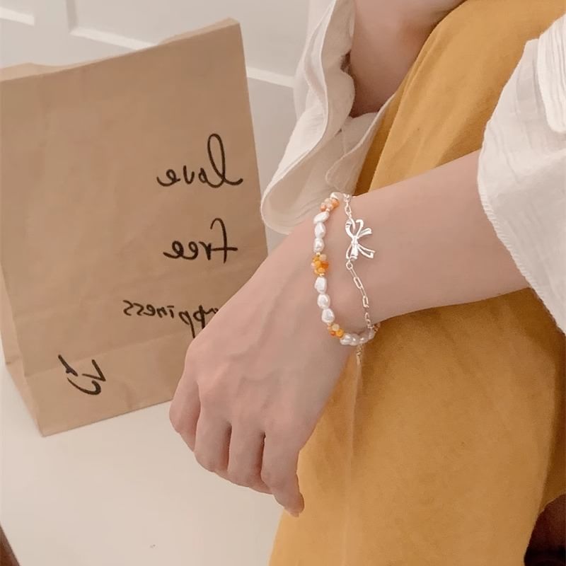 Sterling / Silver Beaded Natural Bracelet 925 Bow Pearl