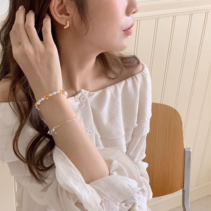 Sterling / Silver Beaded Natural Bracelet 925 Bow Pearl