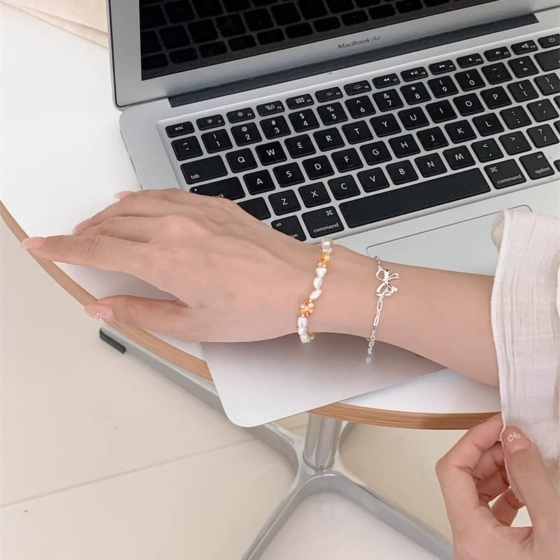 Sterling / Silver Beaded Natural Bracelet 925 Bow Pearl
