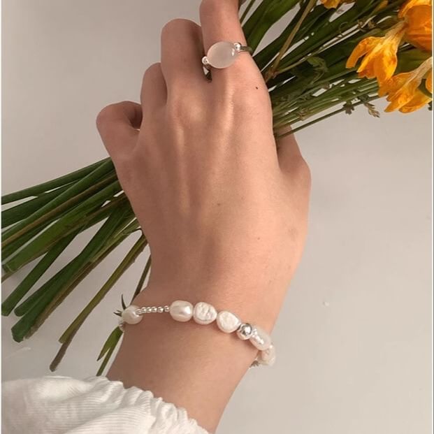 Silver Faux 925 Pearl Sterling Beaded Bracelet