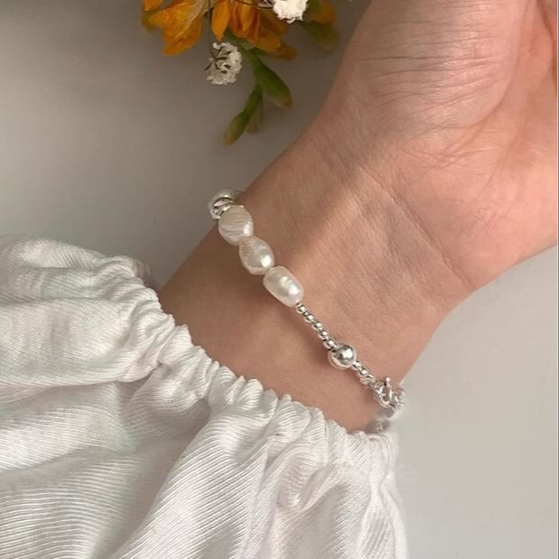 Silver Faux 925 Pearl Sterling Beaded Bracelet