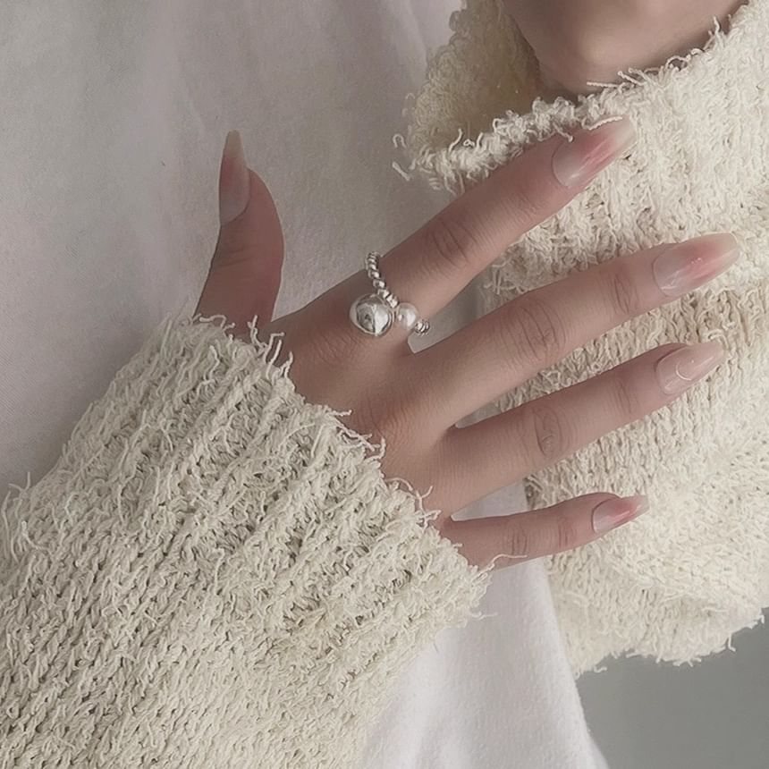 Ring Pearl Elastic Sterling 925 Beaded Faux Silver