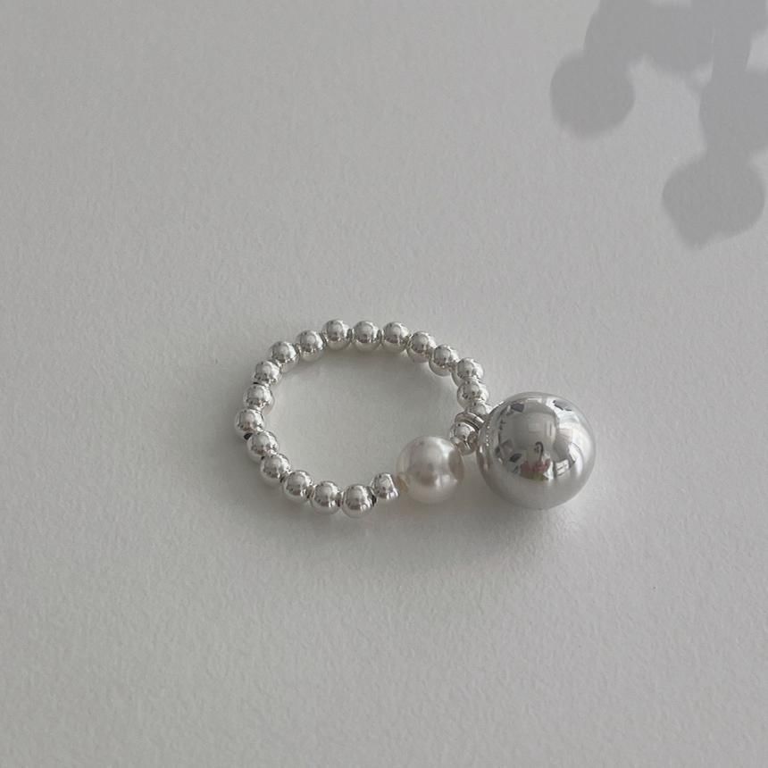 Ring Pearl Elastic Sterling 925 Beaded Faux Silver