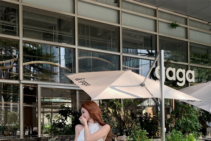 Plain Pants Wide Rise Leg Sleeveless Crop / Top Neck Halter High