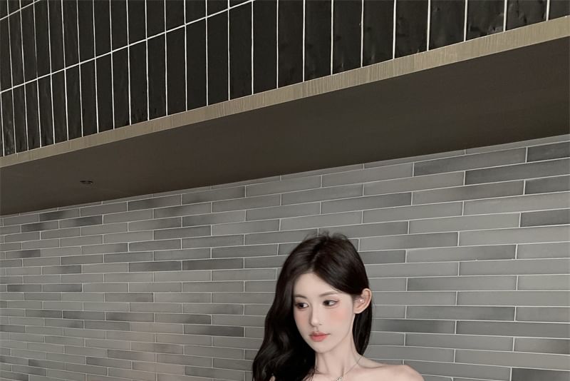 Long-Sleeve Top Panel Lace Shoulder Off Plain