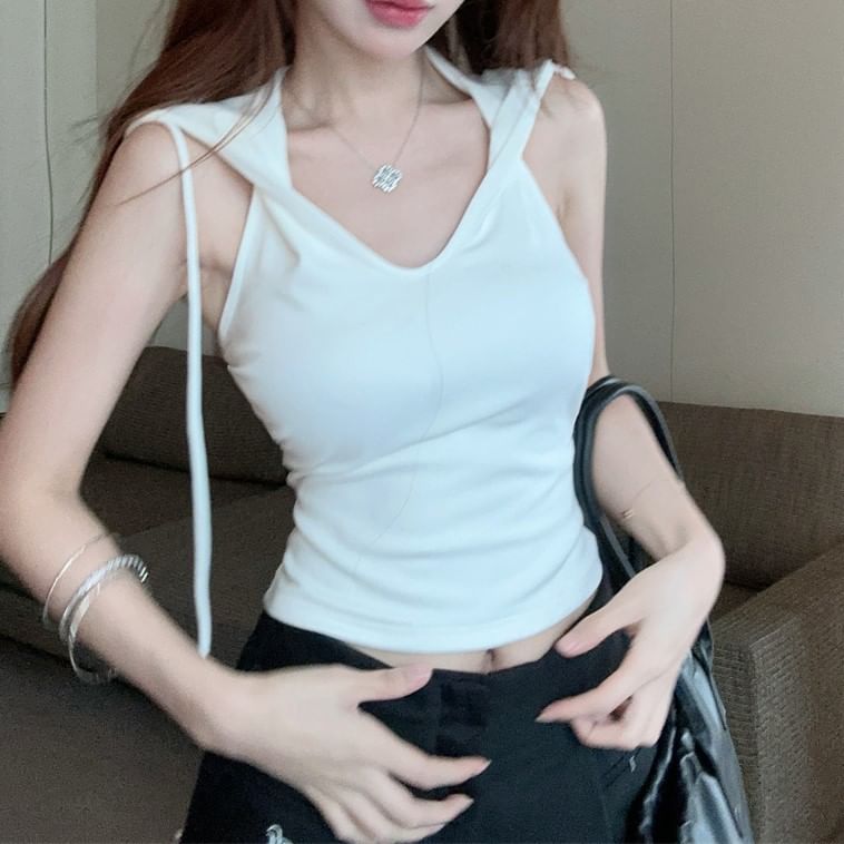V-Neck Crop Plain Hooded Top Sleeveless