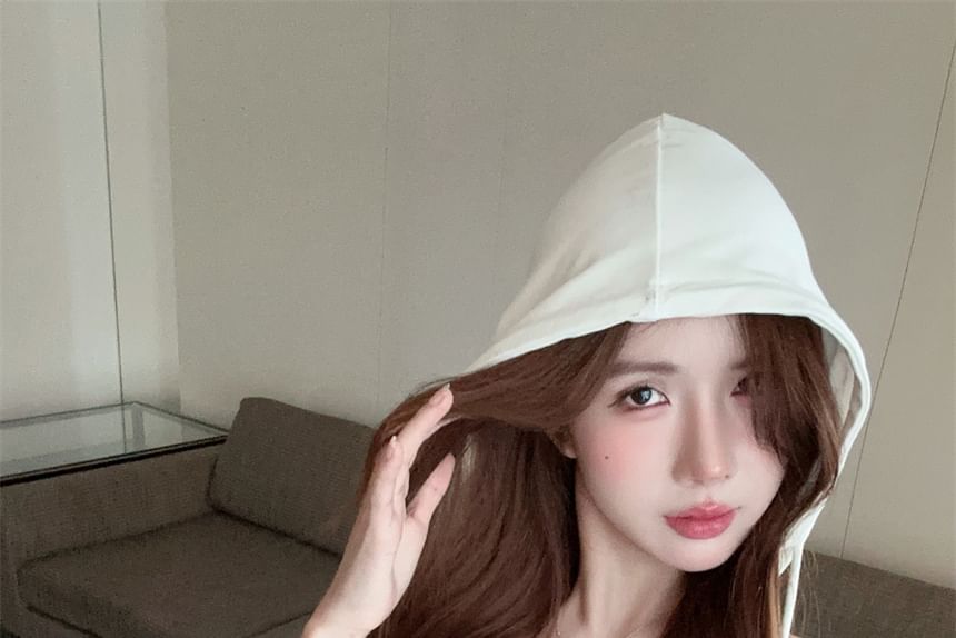 V-Neck Crop Plain Hooded Top Sleeveless