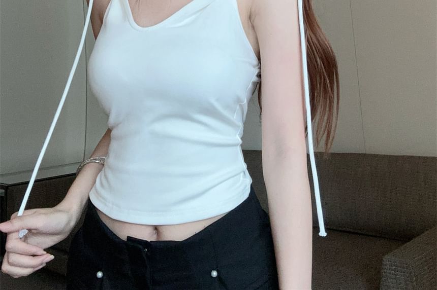 V-Neck Crop Plain Hooded Top Sleeveless