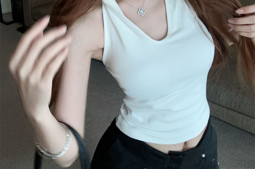 V-Neck Crop Plain Hooded Top Sleeveless