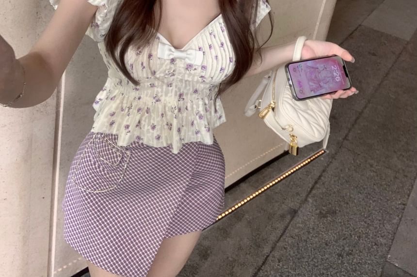 / Skirt Bow High Puff-Sleeve Plaid Rise Asymmetrical Floral Pencil Cropped Mini Blouse Peplum