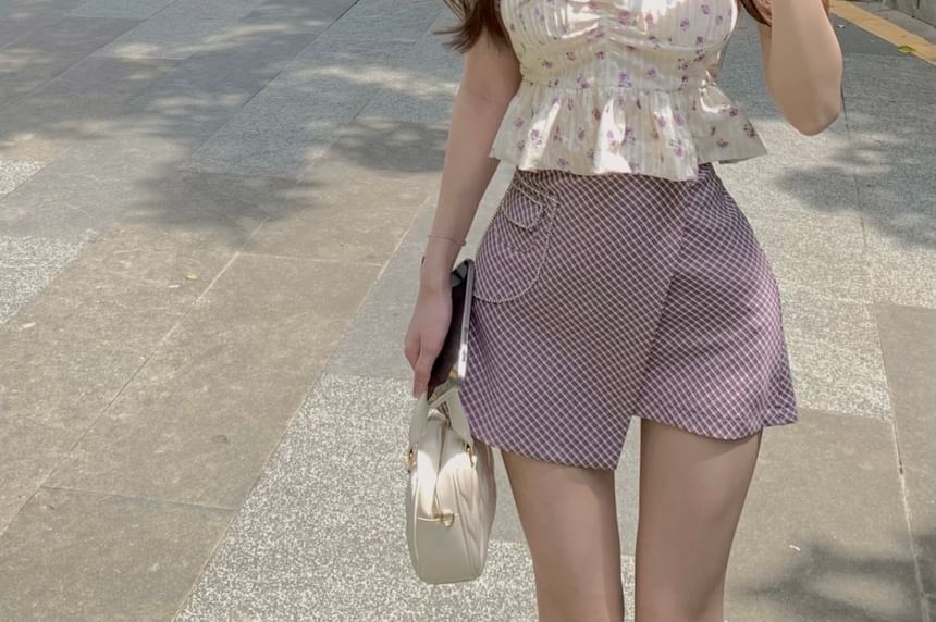 / Skirt Bow High Puff-Sleeve Plaid Rise Asymmetrical Floral Pencil Cropped Mini Blouse Peplum