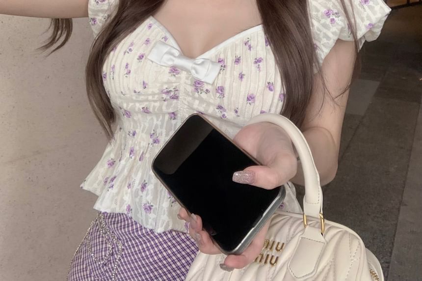 / Skirt Bow High Puff-Sleeve Plaid Rise Asymmetrical Floral Pencil Cropped Mini Blouse Peplum