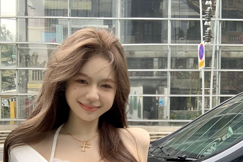 T-Shirt Plain Top Set: + Camisole Open Slim V-Neck Back Halter Crop Fit Long-Sleeve