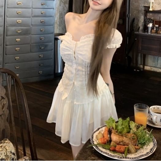 Slim Lace A-Line Mini Fit High Panel Blouse Skirt Short-Sleeve / Waist