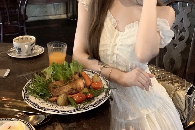 Slim Lace A-Line Mini Fit High Panel Blouse Skirt Short-Sleeve / Waist