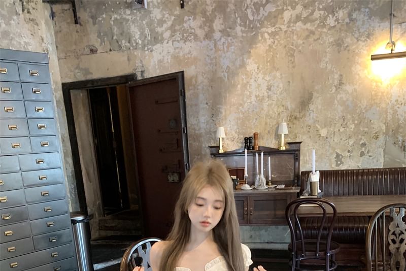 Slim Lace A-Line Mini Fit High Panel Blouse Skirt Short-Sleeve / Waist