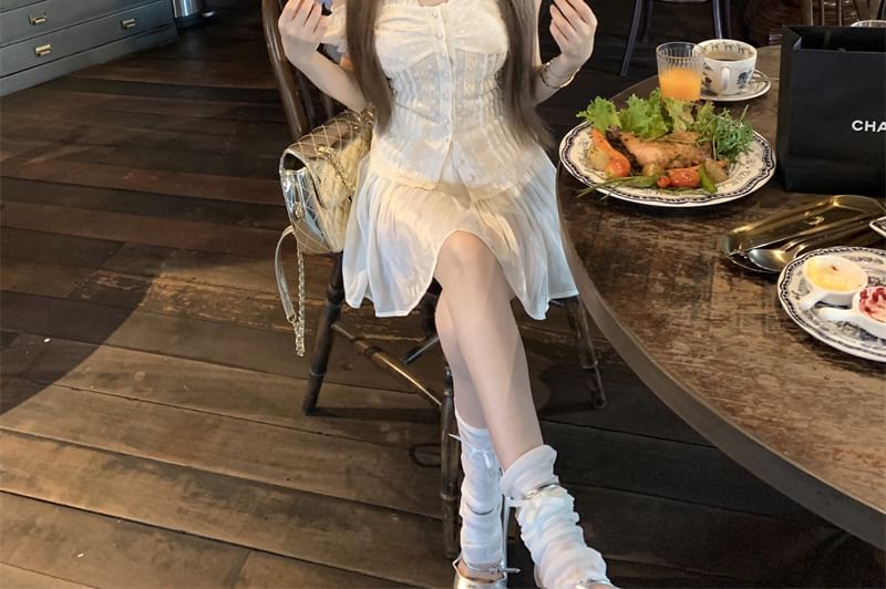 Slim Lace A-Line Mini Fit High Panel Blouse Skirt Short-Sleeve / Waist