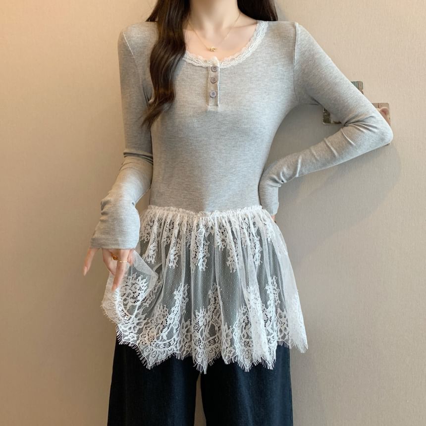T-Shirt Henley Lace Slim Fit Peplum Long-Sleeve Panel