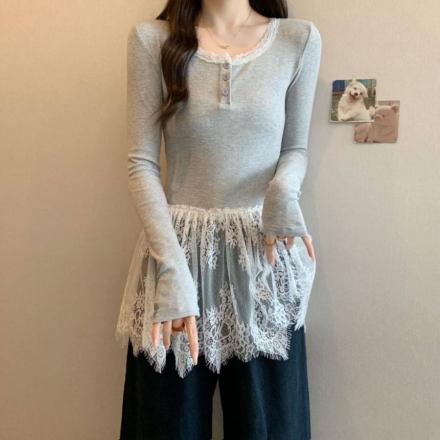 T-Shirt Henley Lace Slim Fit Peplum Long-Sleeve Panel