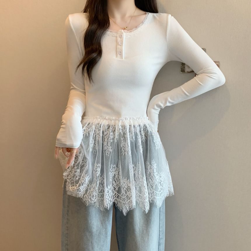 T-Shirt Henley Lace Slim Fit Peplum Long-Sleeve Panel