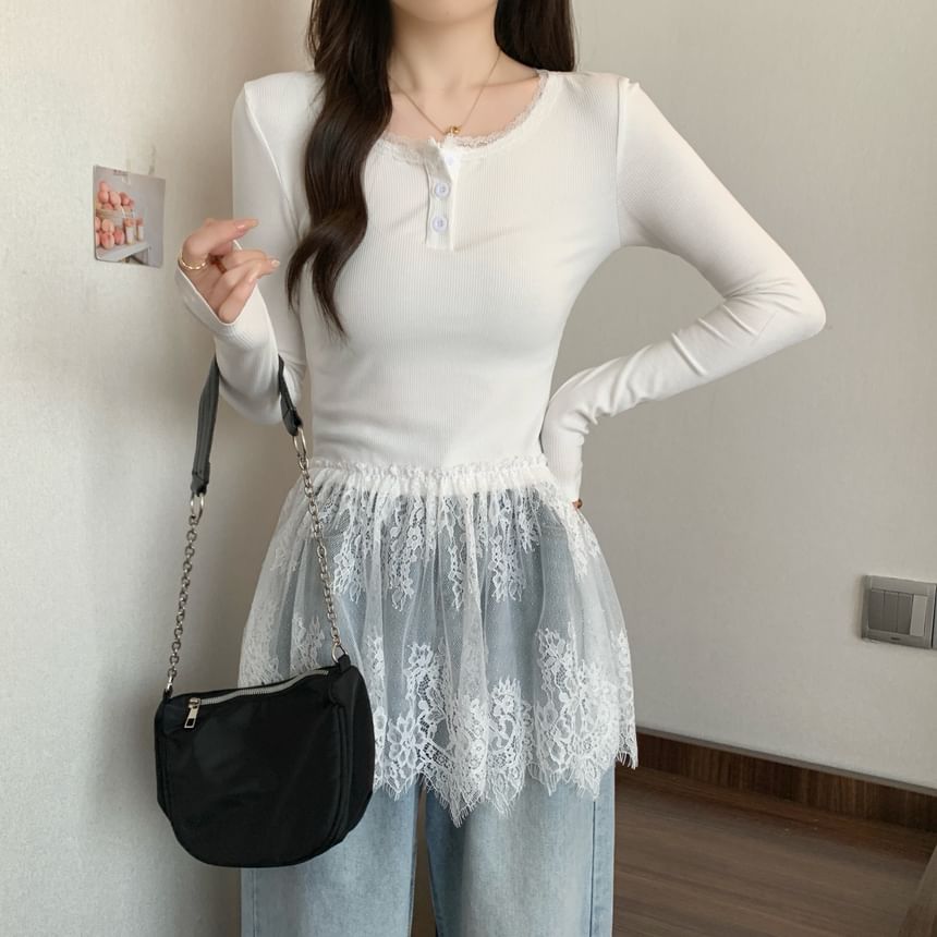 T-Shirt Henley Lace Slim Fit Peplum Long-Sleeve Panel