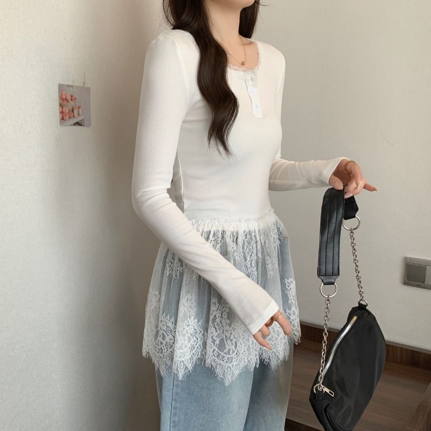 T-Shirt Henley Lace Slim Fit Peplum Long-Sleeve Panel