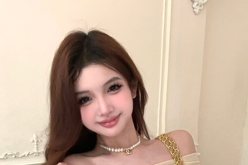 High Tiered Slim Rise Skirt Mini T-Shirt Asymmetrical Fit / Plain A-Line Long-Sleeve Off-Shoulder Ruched