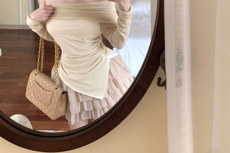 High Tiered Slim Rise Skirt Mini T-Shirt Asymmetrical Fit / Plain A-Line Long-Sleeve Off-Shoulder Ruched
