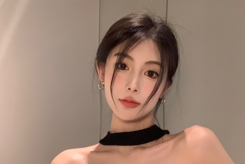 Fit Crop Plain Short-Sleeve Neck Off Shoulder Slim Halter Top