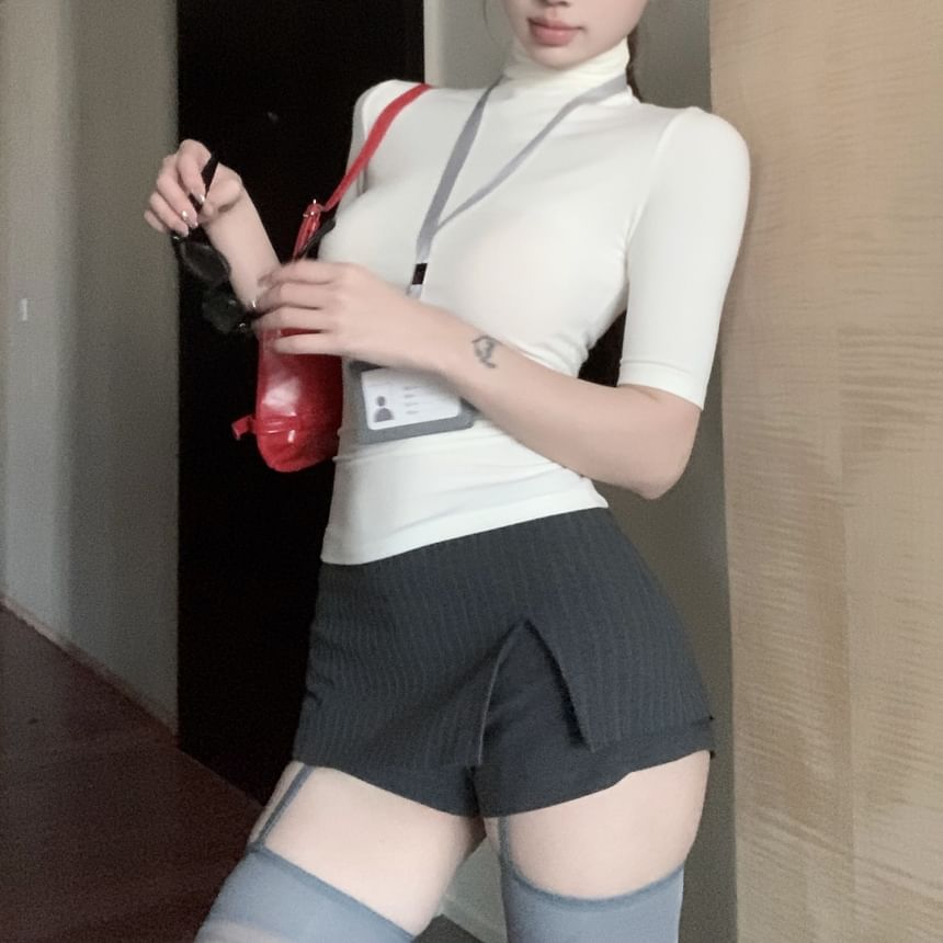 Slim High Mini Plain Tee Skort A-Line Fit Short-Sleeve Turtleneck Striped / Slit Waist