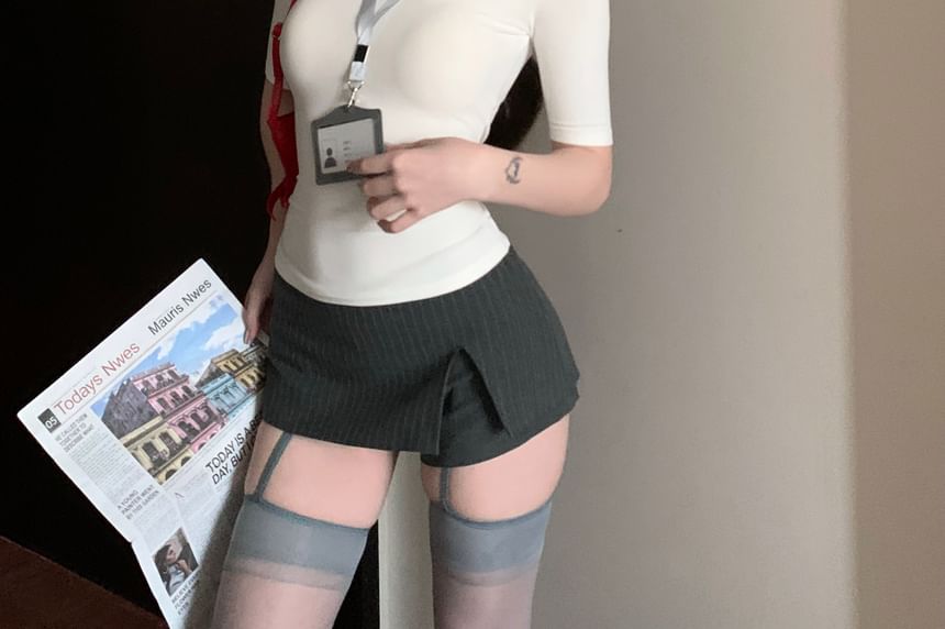 Slim High Mini Plain Tee Skort A-Line Fit Short-Sleeve Turtleneck Striped / Slit Waist