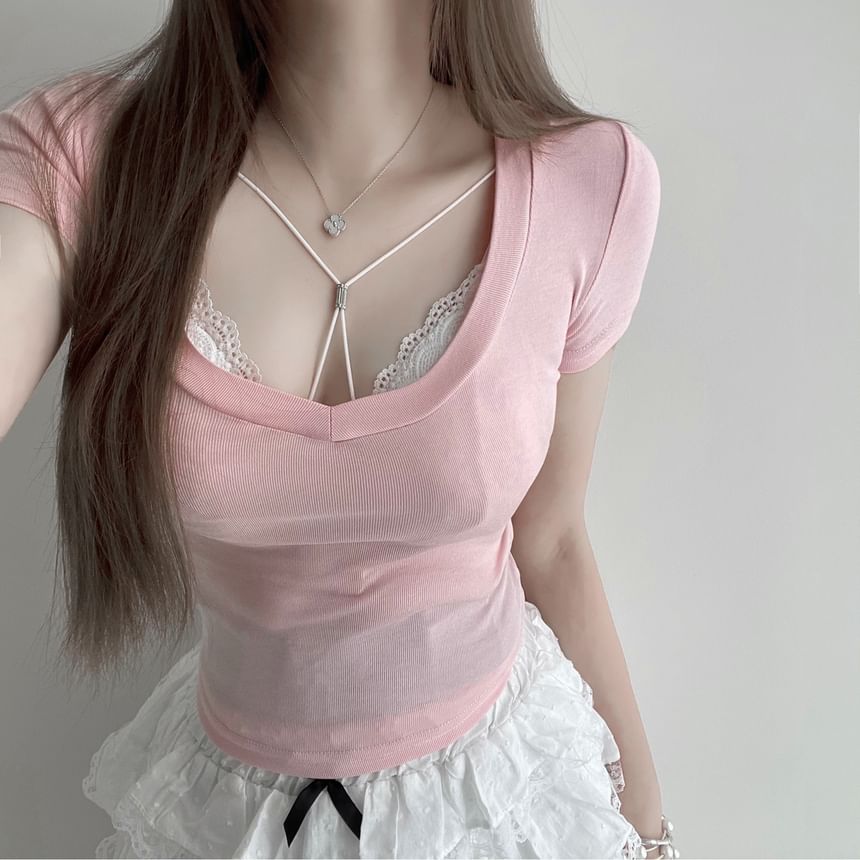 Plain Slim T-Shirt Lace Fit Scoop / Top Short-Sleeve Neck Bra Crop Halter