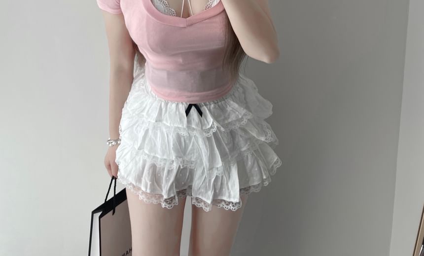 Plain Slim T-Shirt Lace Fit Scoop / Top Short-Sleeve Neck Bra Crop Halter