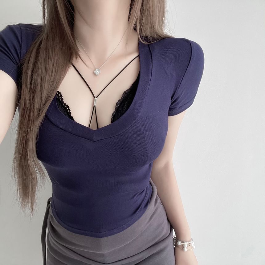 Plain Slim T-Shirt Lace Fit Scoop / Top Short-Sleeve Neck Bra Crop Halter