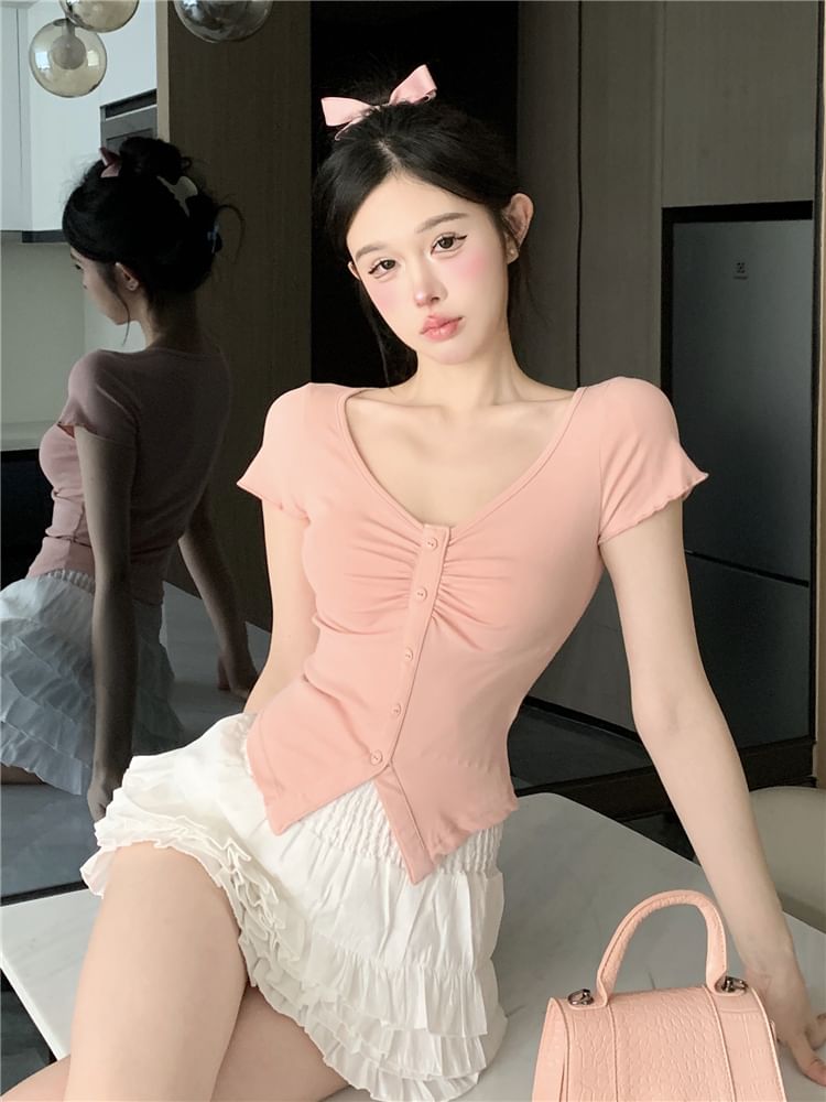 High A-Line / Slit Tee Plain Short-Sleeve Frill Crop Ruched V-Neck Trim Skirt Layered Mini Waist