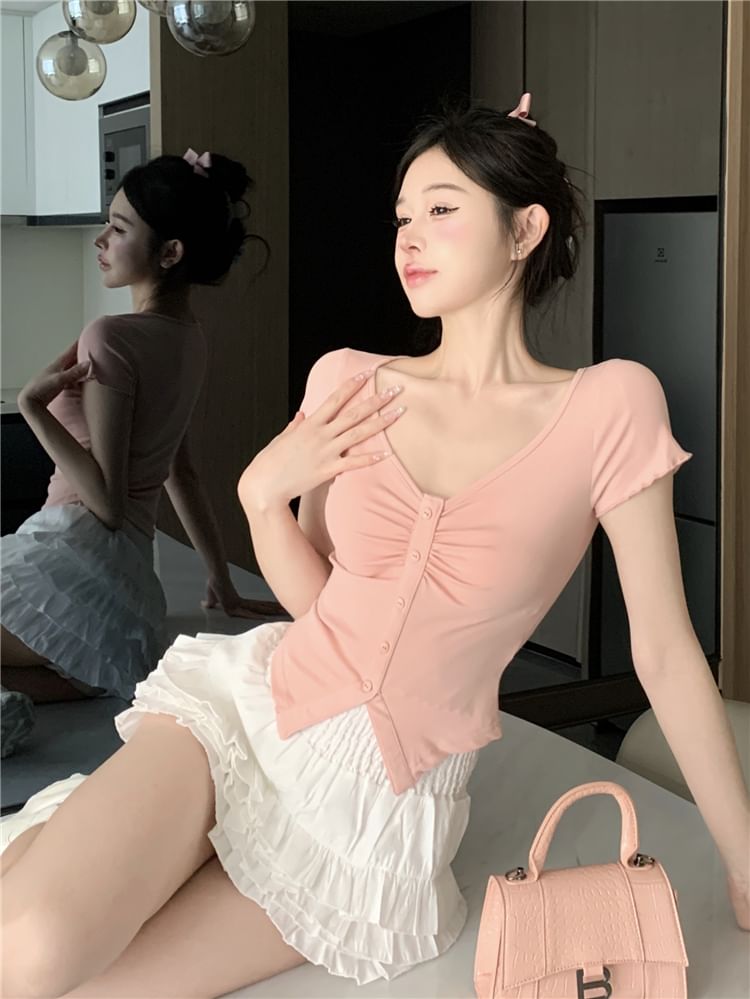 High A-Line / Slit Tee Plain Short-Sleeve Frill Crop Ruched V-Neck Trim Skirt Layered Mini Waist