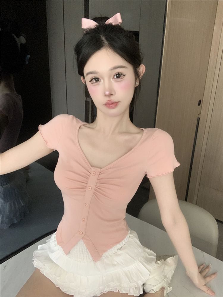 High A-Line / Slit Tee Plain Short-Sleeve Frill Crop Ruched V-Neck Trim Skirt Layered Mini Waist