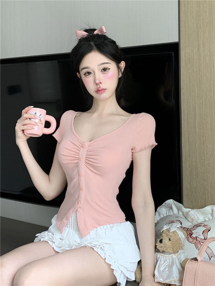 High A-Line / Slit Tee Plain Short-Sleeve Frill Crop Ruched V-Neck Trim Skirt Layered Mini Waist