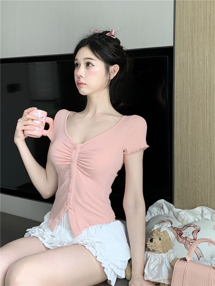 High A-Line / Slit Tee Plain Short-Sleeve Frill Crop Ruched V-Neck Trim Skirt Layered Mini Waist