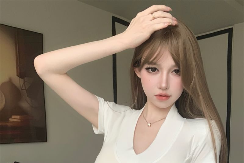 Slim Fit Tee V-Neck Plain Short-Sleeve Crop