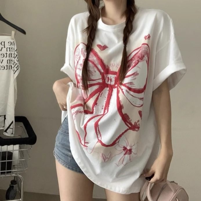Oversized Elbow-Sleeve T-Shirt Bow Print Round Neck