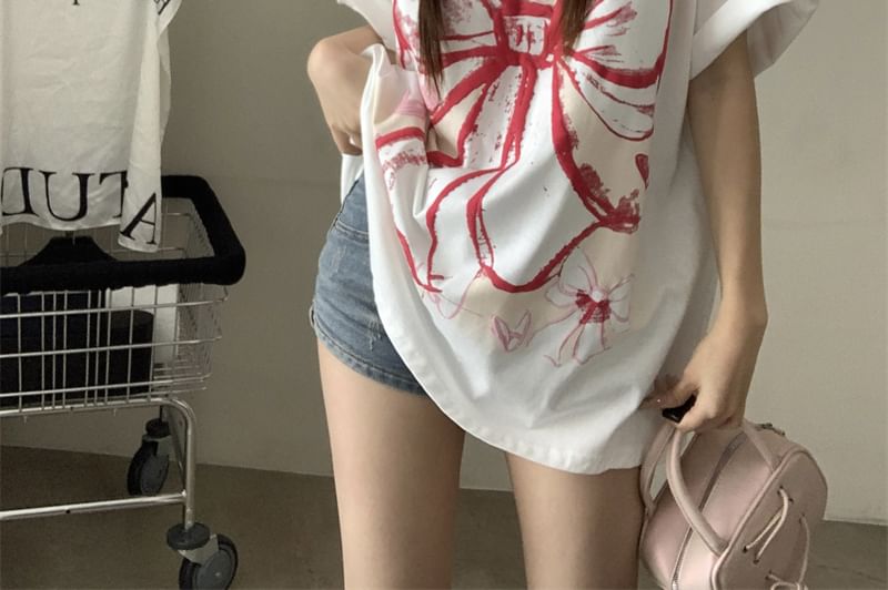 Oversized Elbow-Sleeve T-Shirt Bow Print Round Neck