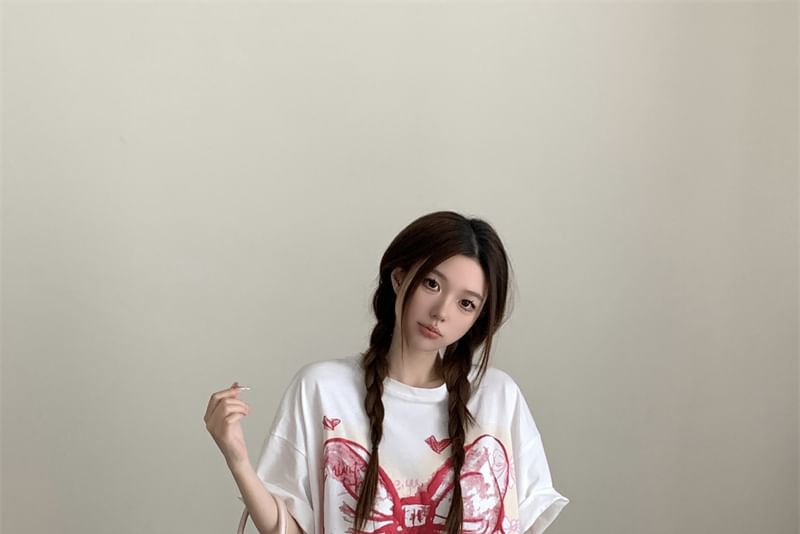 Oversized Elbow-Sleeve T-Shirt Bow Print Round Neck