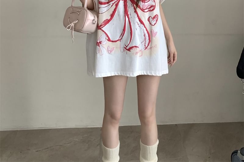 Oversized Elbow-Sleeve T-Shirt Bow Print Round Neck