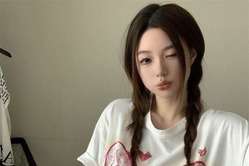 Oversized Elbow-Sleeve T-Shirt Bow Print Round Neck