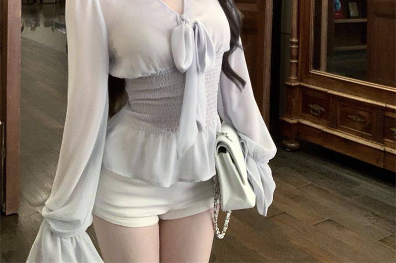 Bow + Set: Camisole Peplum Long V-Neck Top Plain Sleeve Blouse