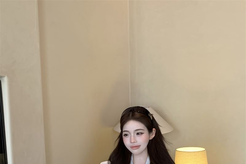 Blouse Long Tie High Mini Pencil / Plain Rise Skirt Neck Sleeve Satin