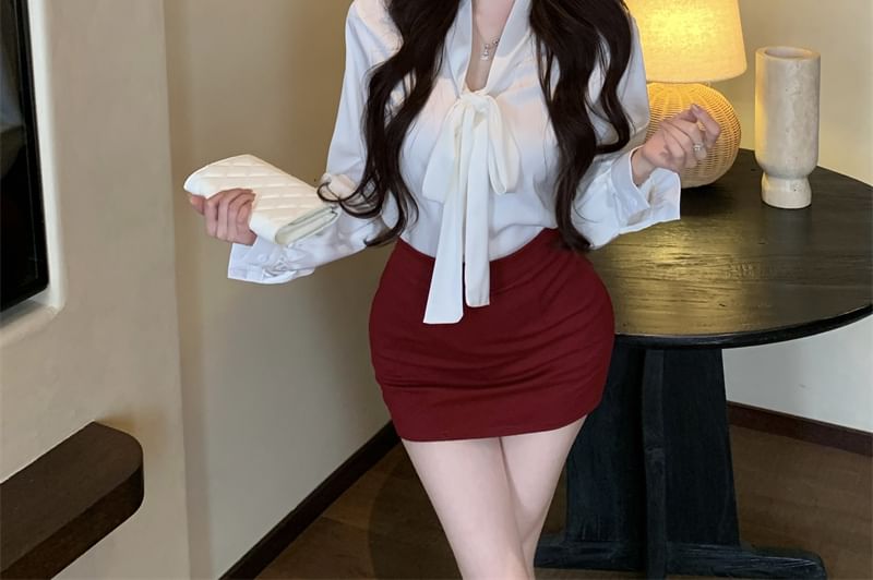 Blouse Long Tie High Mini Pencil / Plain Rise Skirt Neck Sleeve Satin