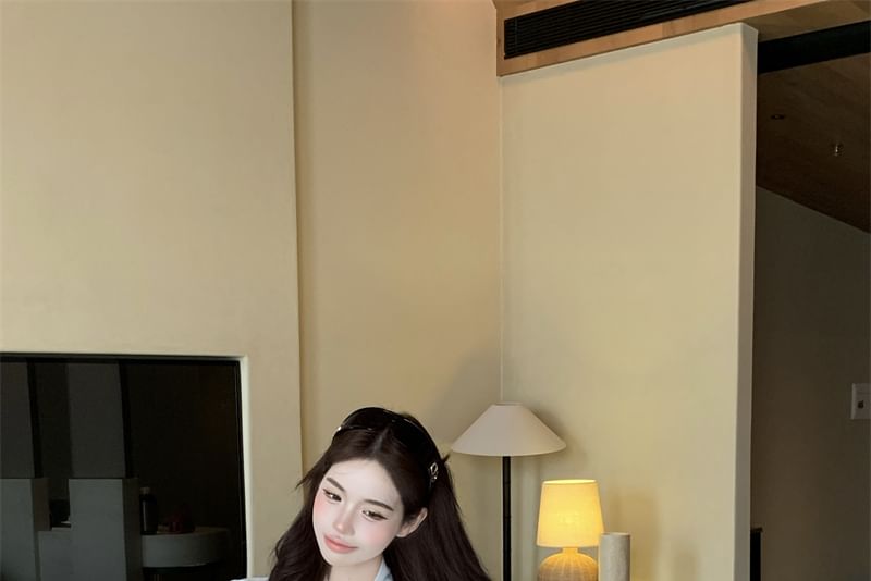 Blouse Long Tie High Mini Pencil / Plain Rise Skirt Neck Sleeve Satin