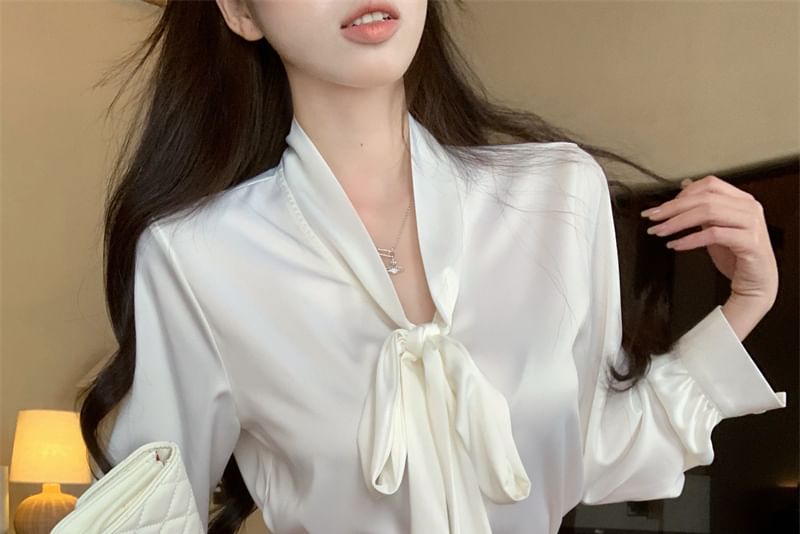 Blouse Long Tie High Mini Pencil / Plain Rise Skirt Neck Sleeve Satin